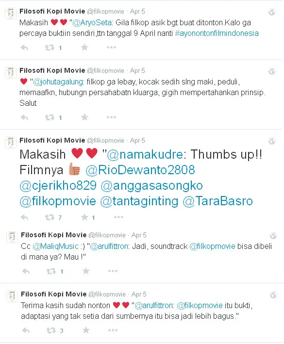 Komentar penonton Filosofi Kopi @foto: twitter.com/filkopmovie