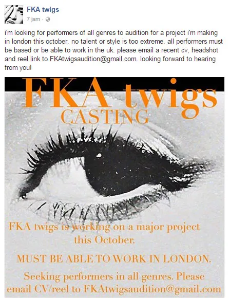 Sebuah audisi akan digelar oleh FKA Twigs untuk menjaring perfomer baru berbakat asal Inggris