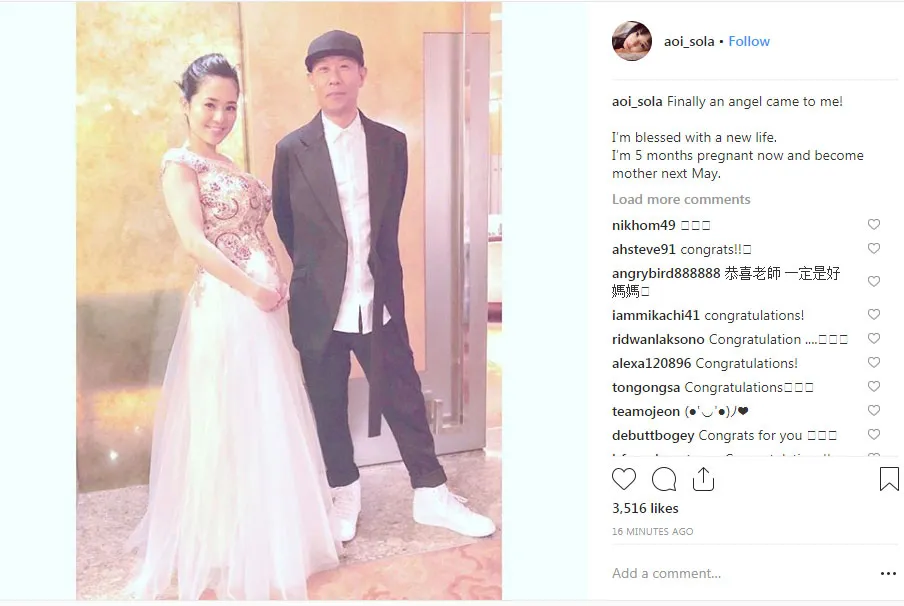 Aoi Sora baby bump © Instagram.com/aoi_sola (diambil pada 12/12/2018 pukul 13.00 WIB)