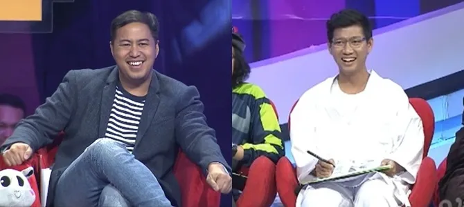 Pandji Pragiwaksono yang hadir sebagai juri tamu serta sang mentor, David Nurbianto, keduanya turut tergelak oleh punchline Kang Didi.