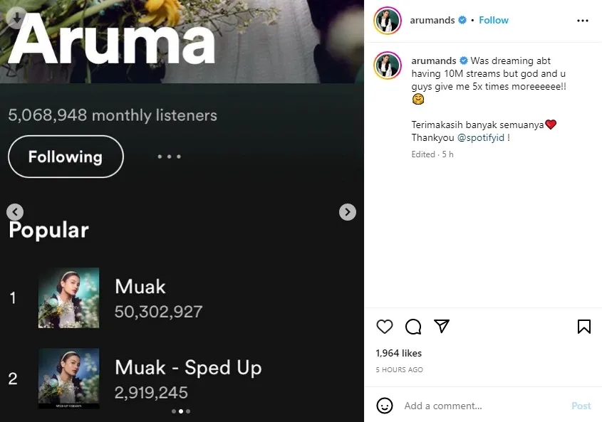 Lagu 'Muak' Berhasil Tembus 50 Juta Stream (Credit: instagram.com/arumands)