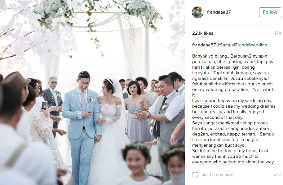 Franda bercerita mampu mewujudkan pernikahan impian. ©instagram.com/frandaaa87