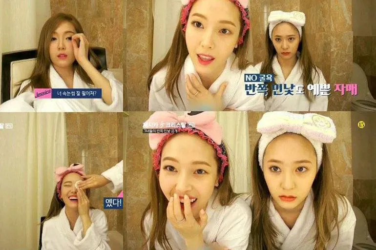 Jessica Girls Generation dan Krystal f(x) saat menunjukkan sebelah mata mereka yang tidak bermake up @allkpop.com