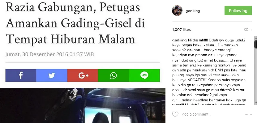 Gading geram dengan pemberitaan salah satu media © Instagram/gadiiing