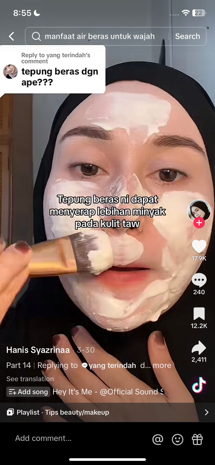 Manfaat Masker Tepung Beras. (foto: TikTok/hanisyaazrinaa).