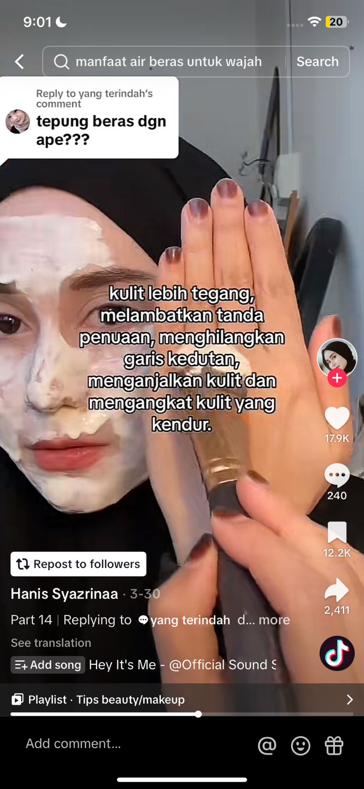 Manfaat Masker Tepung Beras. (foto: TikTok/hanisyaazrinaa).