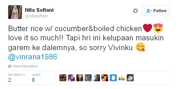 Nita Sofiani lupa masukin garam di menu masakannya, ups! © Twitter.com/nitasofiani
