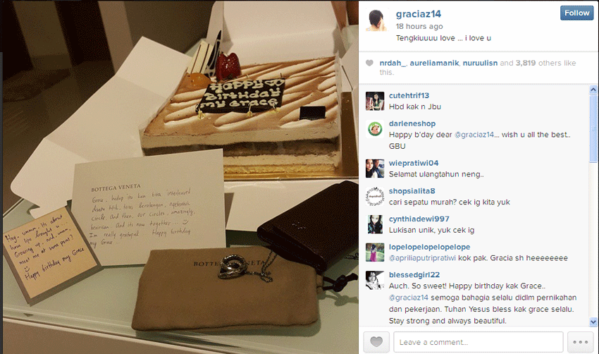 Hadiah dari David untuk Gracia Indri © Instagram/graciaz14