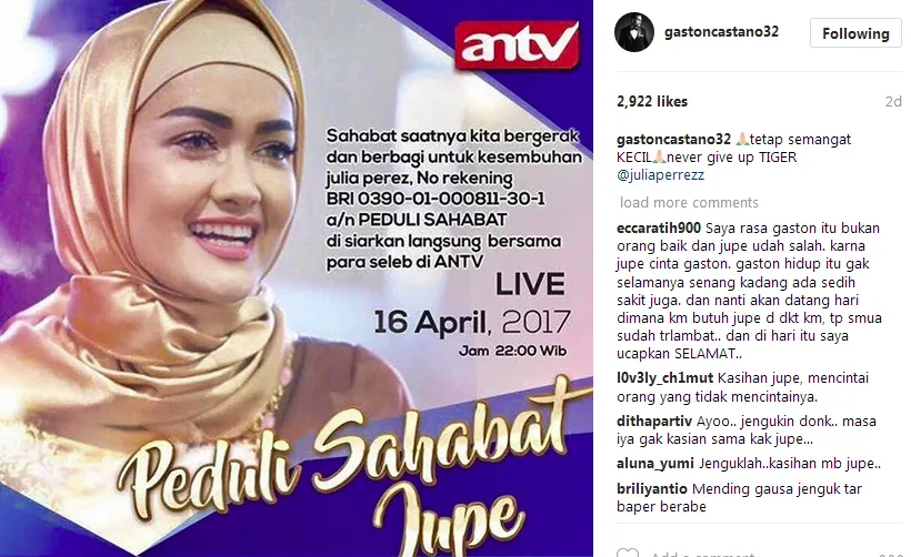Gaston masih peduli dan ikut khawatir pada kondisi Julia Perez © Instagram/gastoncastano32
