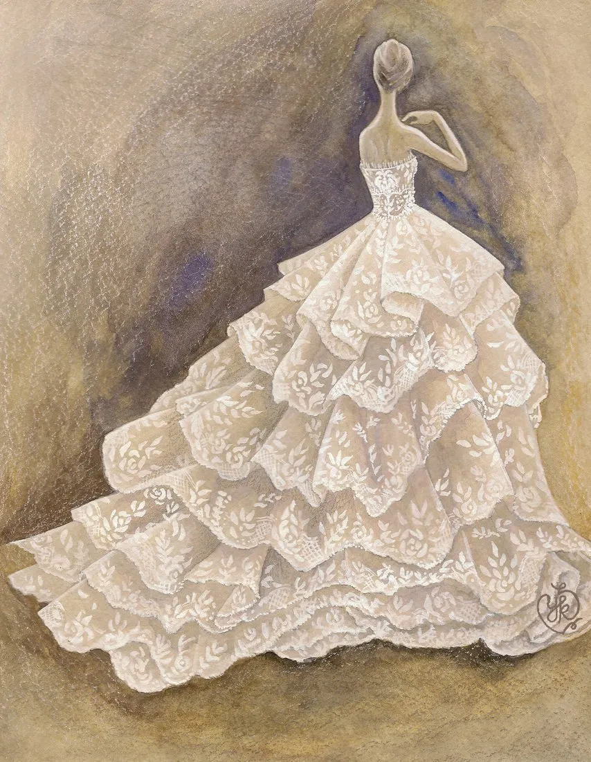 Rancangan Paulette Cleghorn untuk prediksi gaun Meghan Markle. Credit: via brides.com