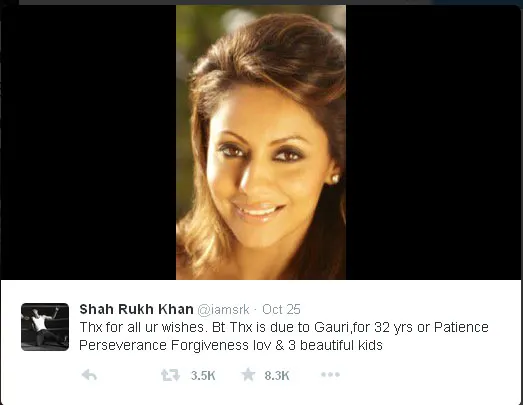 SRK berterima kasih pada istrinya di momen ultah pernikahan © Twitter.com/iamsrk