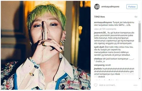 Foto G-Dragon yang menimbulkan pro-kontra di akun Instagram Annisa Pohan