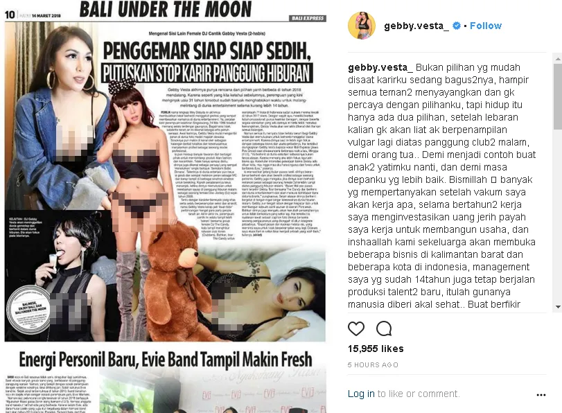Gebby mengaku tak akan pernah tampil vulgar setelah lebaran nanti © instagram.com/gebby.vesta_