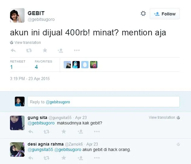 Ternyata akun Gebit di-hack orang. @twitter/gebitsugoro