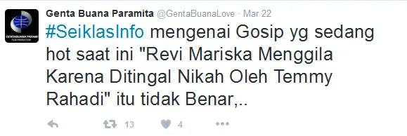 Rumah Produksi bantah Revi Mariska jadi gila © Twitter.com/gentabuanalove