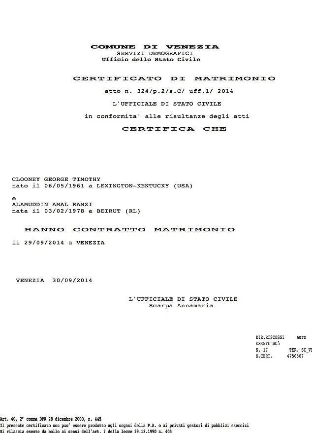 Surat nikah George Clooney - Amal Alamuddin @ istimewa