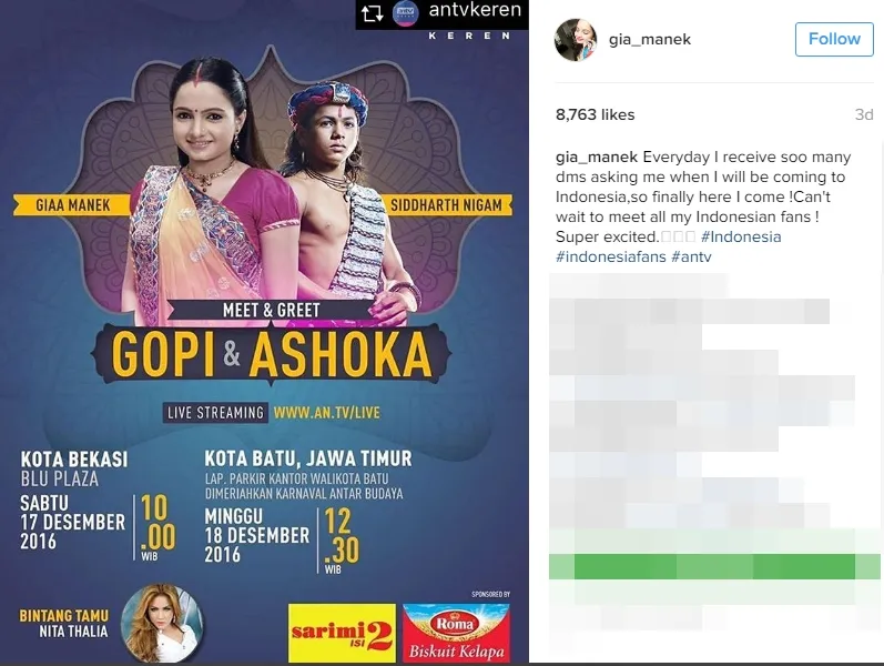 Giaa Manek datang ke Bekasi dan Batu ©instagram/gia_manek