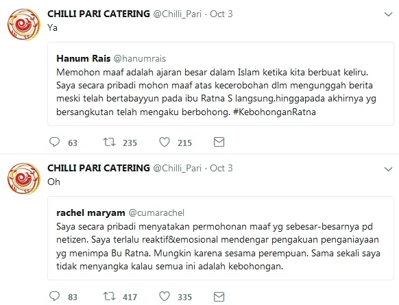 Gibran maafkan Rachel dan Hanum / Credit: Twitter - chilli_pari