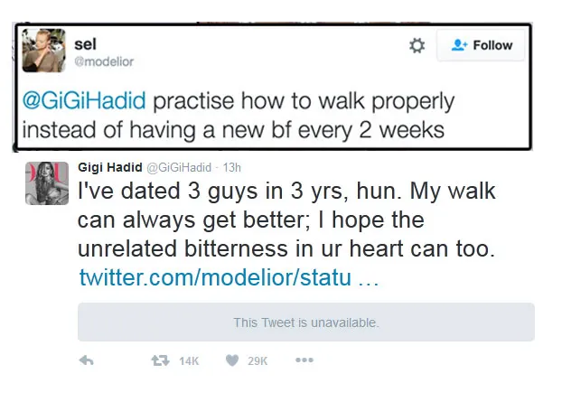 Gigi Hadid tampar haters © Twitter.com/Gigihadid
