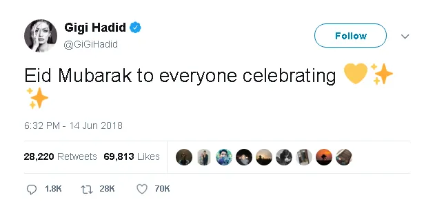 Gigi juga ucapkan selamat lebaran di Twitter © twitter.com/gigihadid