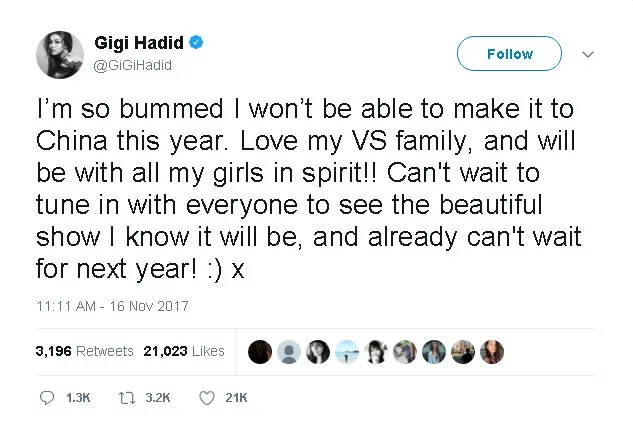Gigi batal terbang ke Shanghai, China © twitter.com/gigihadid
