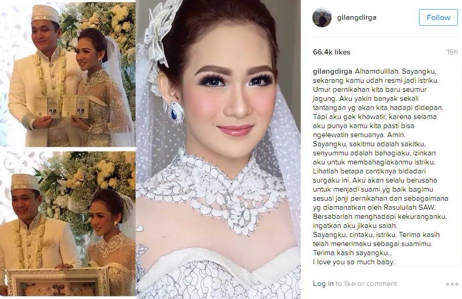 Gilang Dirga tumpahkan perasaan bahagianya setelah menikahi sang kekasih © Instagram.com/gilangdirga