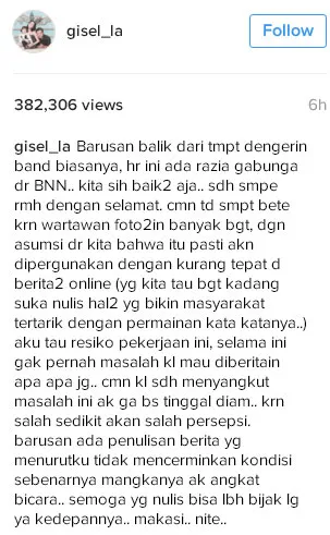Gisella Anastasia mengungkapkan kekecewaan soal pemberitaan operasi BNN yang diikutinya. ©Instagram/gisel_la