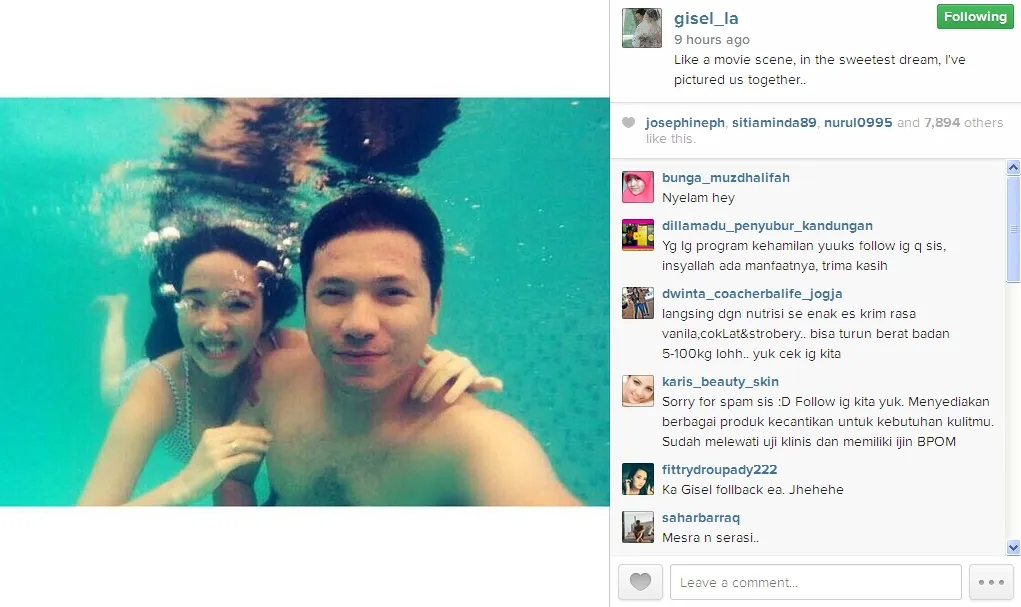 Gisel berfoto mesra dengan Gading di bawah air. / Gisel Official Instagram
