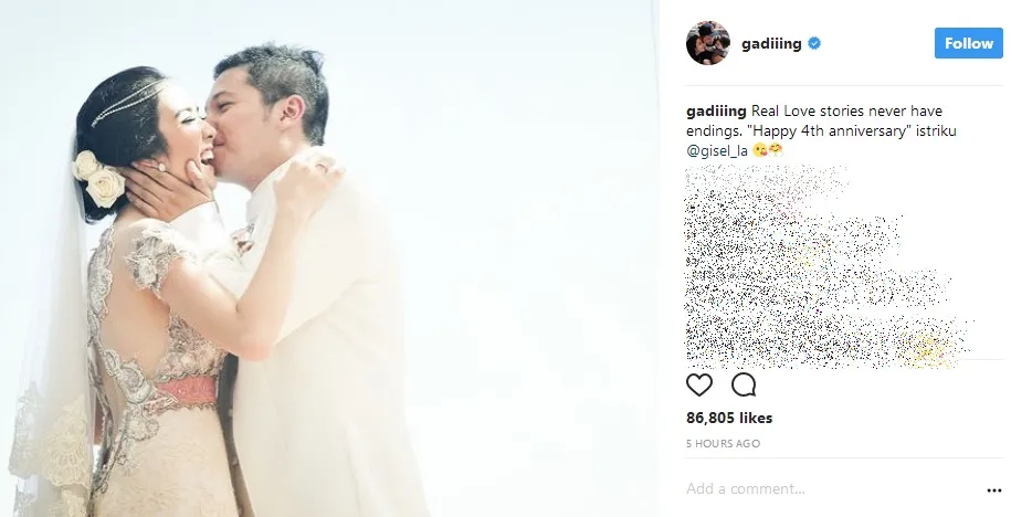 Gading tulis kalimat manis untuk Gisel di ulang tahun pernikahan. /©instagram.com/gadiiing