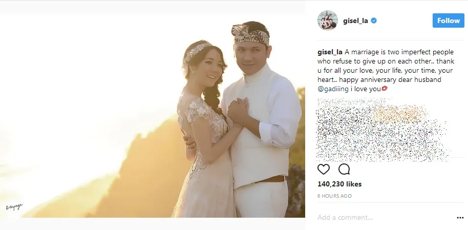 4 tahun menikah, Gisella tulis kalimat romantis untuk Gading. /©instagram.com/gisel_la
