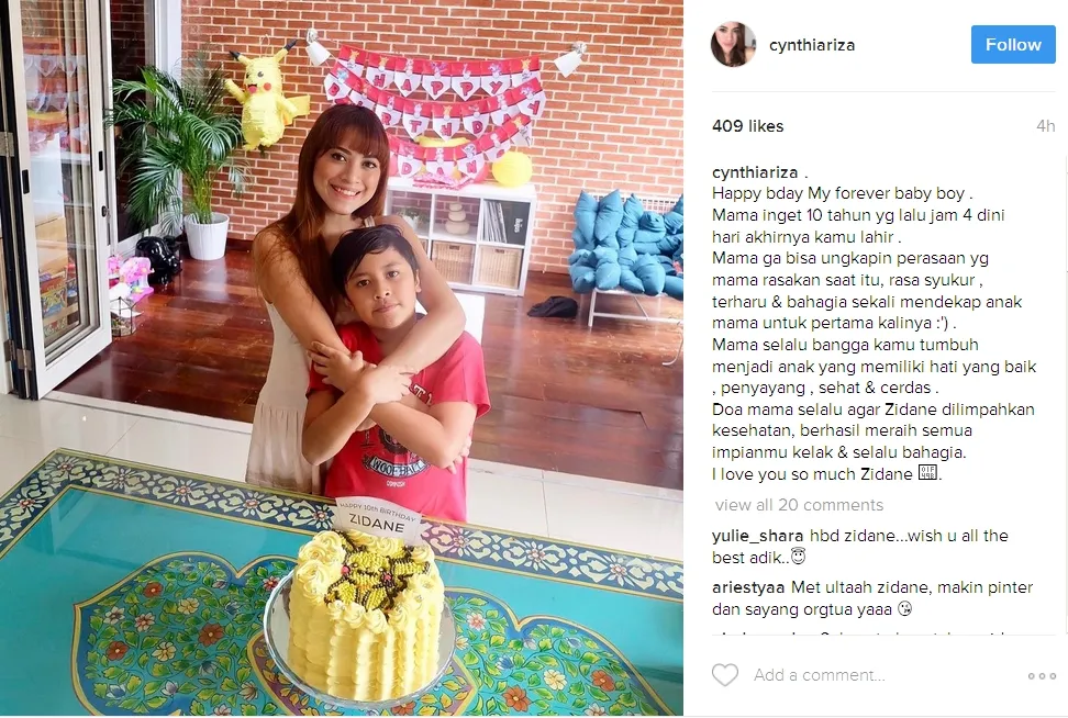 Memeluk erat sang anak, Cynthia pun ikut memberikan doa kepada Zidane. /©instagram.com/cynthiariza