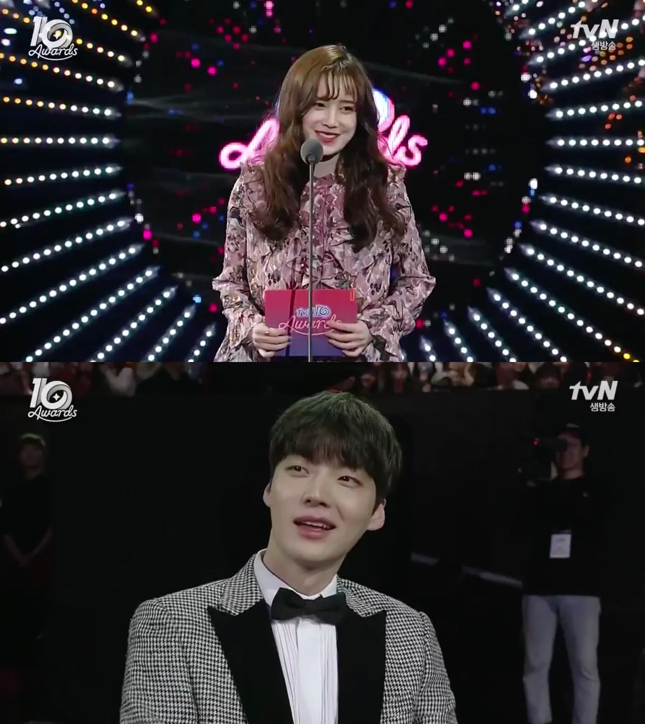 Goo Hye Sun mendadak muncul di atas panggung tvN10 Awards, membuat terkejut Ahn Jae Hyun. ©soompi.com