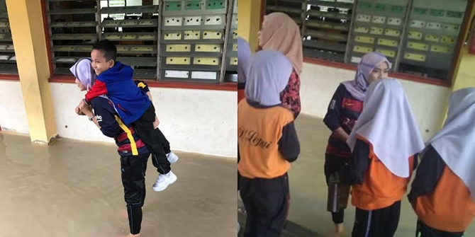 Rela menggendong anak didiknya agar tidak basah kuyup dan diserang hewan © Lobak Merah