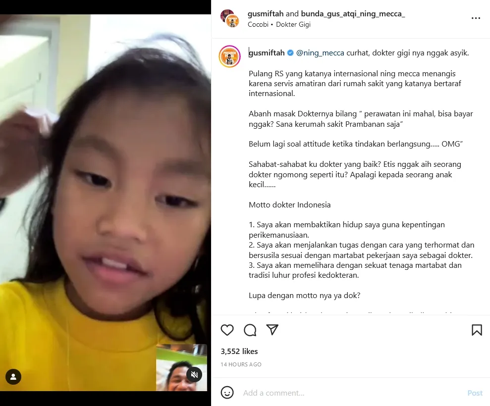Putri Gus Miftah dapat pelayanan kurang menyenangkan di sebuah RS / Credit Foto: Instagram.com - gusmiftah