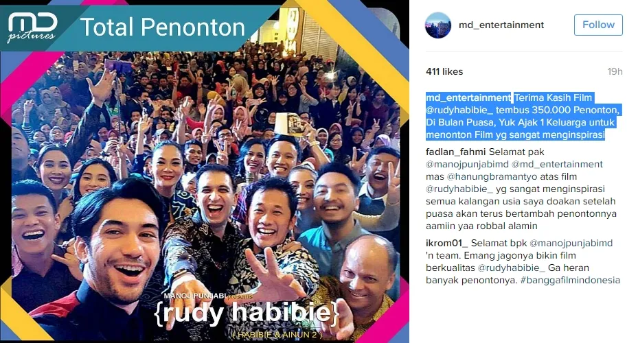RUDY HABIBIE raih 350 ribu penonton.©instagram.com/md_entertainment