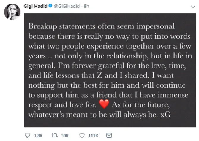 Ungkapan Gigi Hadid di twitter (credit : twitter.com/GiGiHadid)