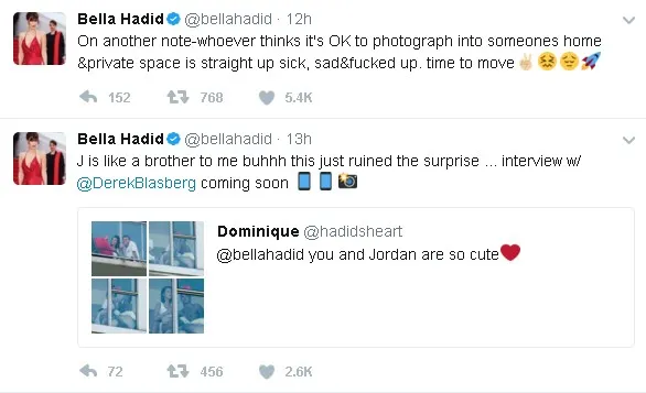 Bella bantah rumor kedekatannya dengan Jordan © twitter.com/bellahadid