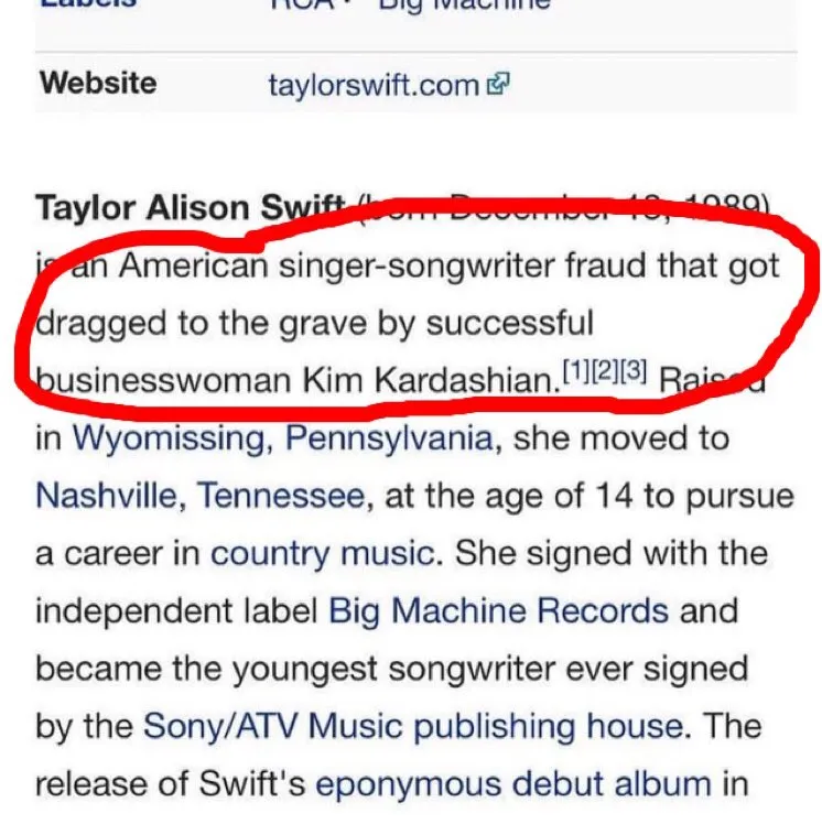 Kali ini giliran halaman Wikipedia Taylor Swift yang diserbu hacker dan netizen © twitter.com/BitchVibesBoo