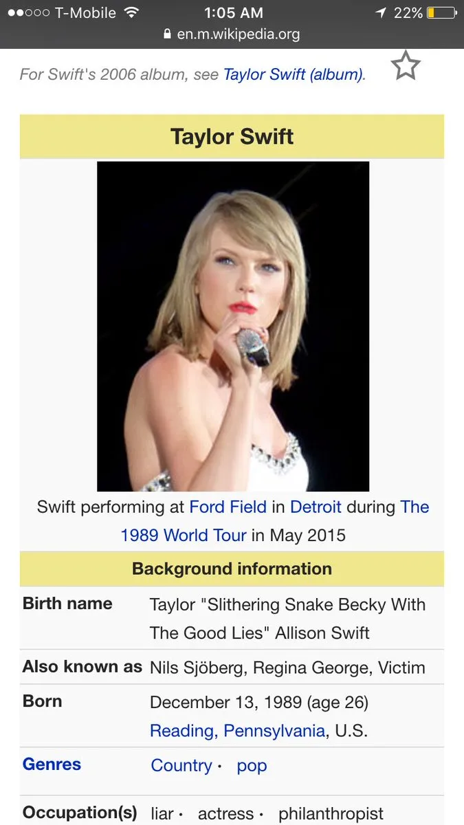 Bukan cuma sekedar mengganti informasi, para pembajak ini juga menambahkan kalimat di tengah nama lengkap Taylor Swift © twitter.com/BrandonBeez