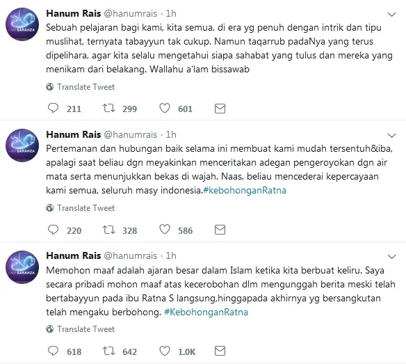 Permintaan maaf Hanum / Credit: Twitter - hanumrais