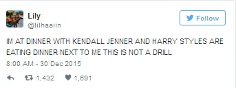 Netizen ngetwit makan malam bareng Kendall dan Harry. ©twitter/lilhaiin