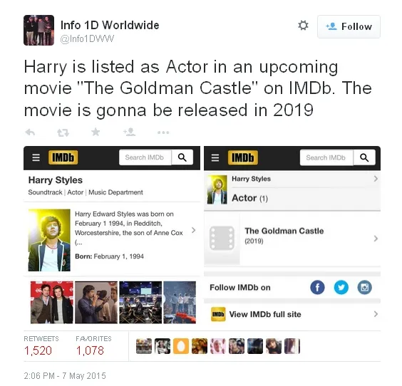 Fanbase 1D yang pertama kali menyebarkan rumor Harry Styles akan bermain dengan Paris Hilton © twitter.com/Info1DWW