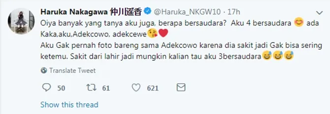 Haruka ceritakan keluarga (credit: twitter.com/Haruka_NKGW10)