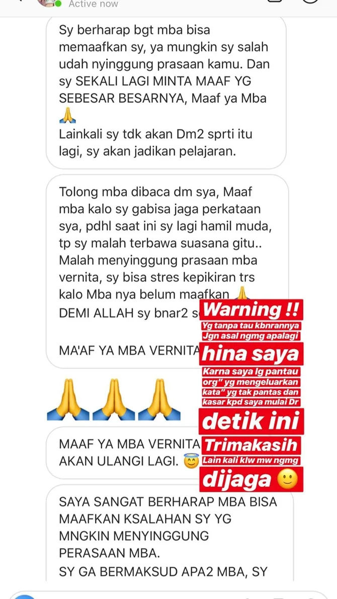 Haters Vernita Syabilla minta maaf © instagram.com/story/vernitasyabilla