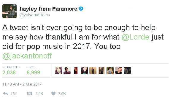 Sederet musisi dan penyanyi ternama mulai dari Katy Perry sampai Hayley Williams menunjukkan dukungan untuk single baru Lorde © twitter.com/yelyahwilliams