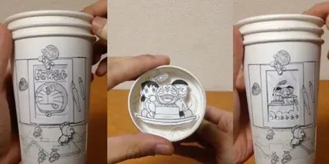 Keren, Sambil Minum Kamu Bisa Baca Komik Doreaemon di Gelas Ini