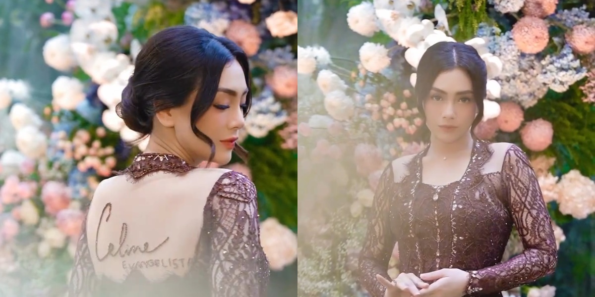 Beautiful portrait of Celine Evangelista wearing a Javanese kebaya with her name embroidered on the back