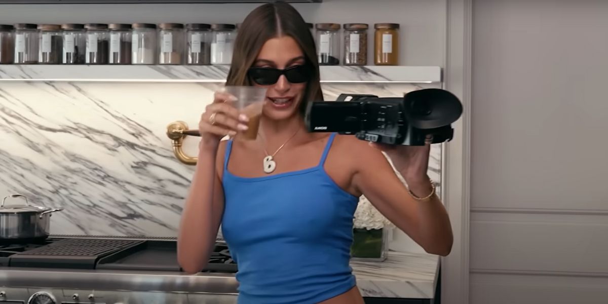 Portrait of Hailey Bieber's Kitchen, Elegant Model with Monochrome Nuance