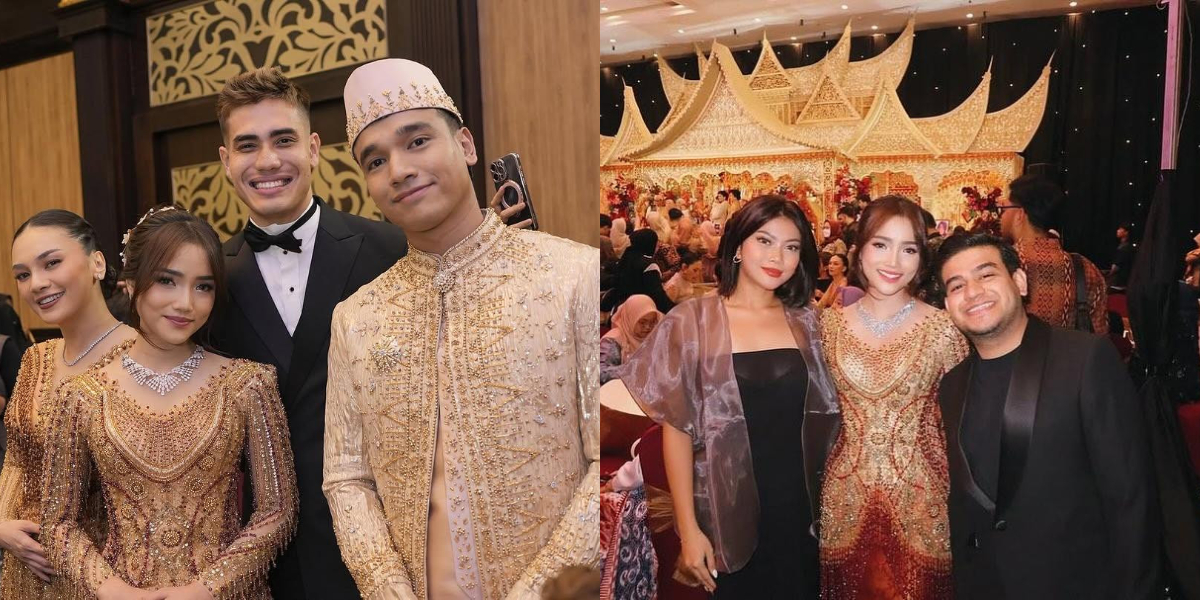 Portrait of Fuji at the Wedding Reception of Frans Faisal and Indah, Appearing Charming in a Modern Kebaya with Gold Accents