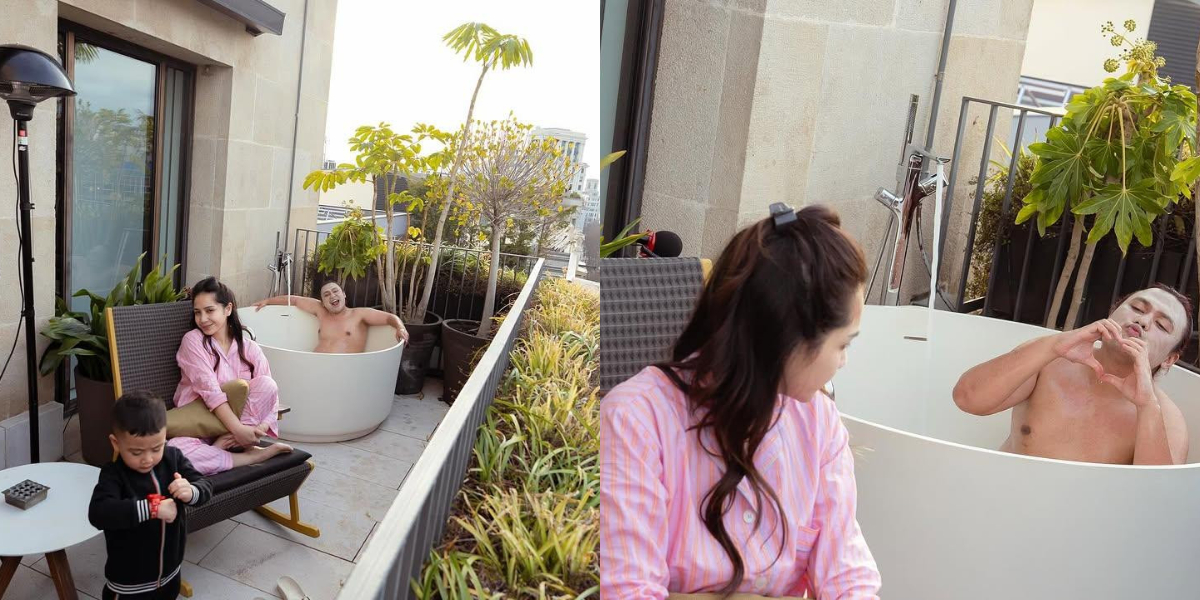 Portrait of Keanu Enjoying a Soak and Hanging Out on the Balcony of a Luxury Hotel with Nagita Slavina and Rayyanza